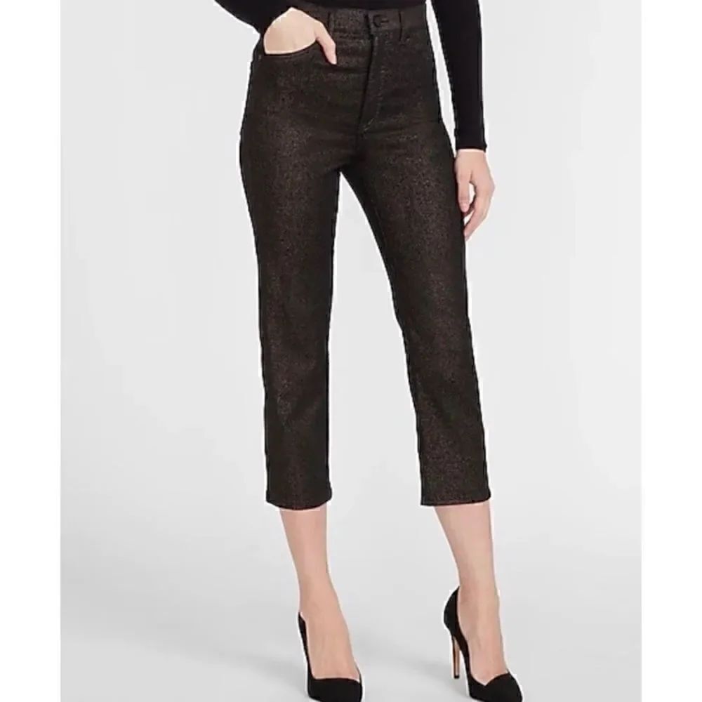 NWT Express Black & Gold Straight Super High Rise Metallic Cropped Jeans